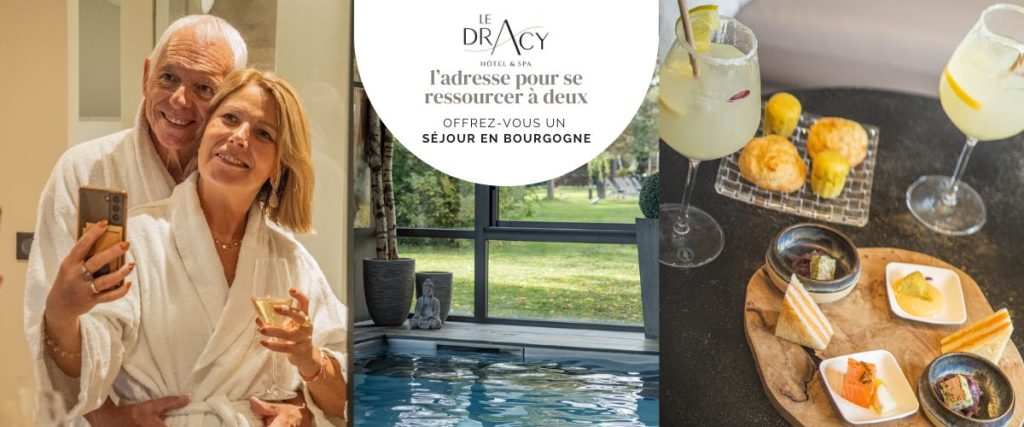 Week-end romantique en Bourgogne : l'escapade idéale pour les couples | week end romantique Bourgogne couple bandeau1 blog dracy week-end romantique Bourgogne couple, un couple au Dracy qui profte de son séjour entre chambre, spa et dégustation de vin