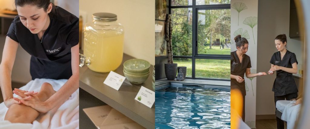 Que faire en Bourgogne en couple : 12 idées pour s'évader | Dracy Que faire en Bourgogne en couple Spa en Bourgogne Que faire en Bourgogne en couple : illustration d'une journée au spa avec 4 images : massage, piscine et eau détox